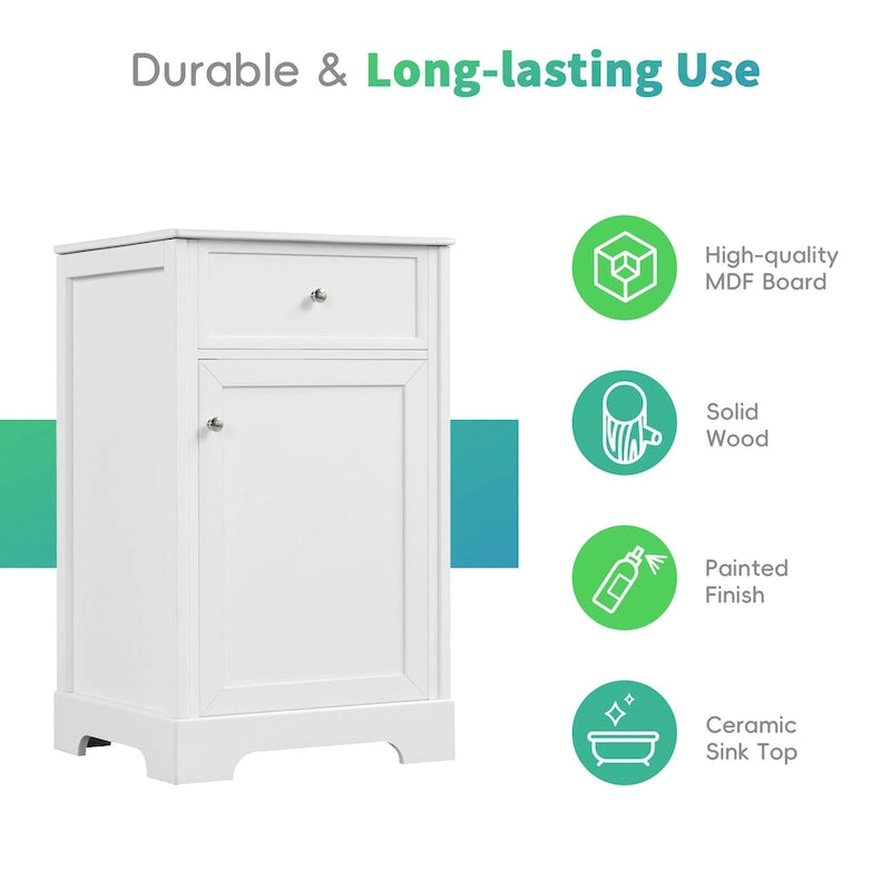 20-Inch White Bathroom Vanity Cabinet with Ceramic Sink Soft-Close Door