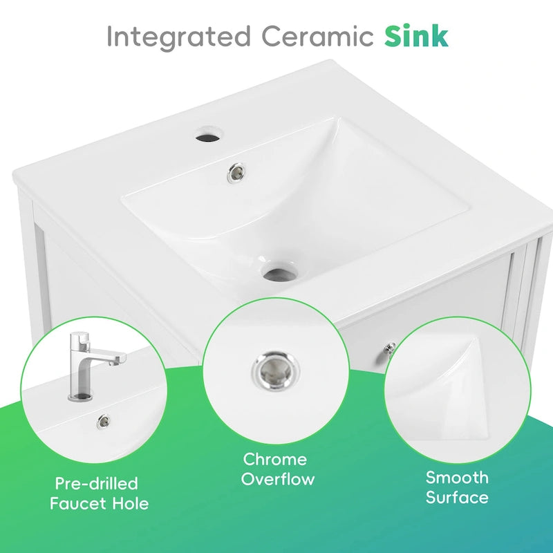 20-Inch White Bathroom Vanity Cabinet with Ceramic Sink Soft-Close Door