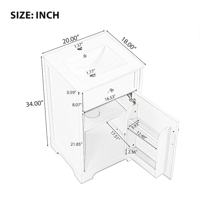 20-Inch White Bathroom Vanity Cabinet with Ceramic Sink Soft-Close Door