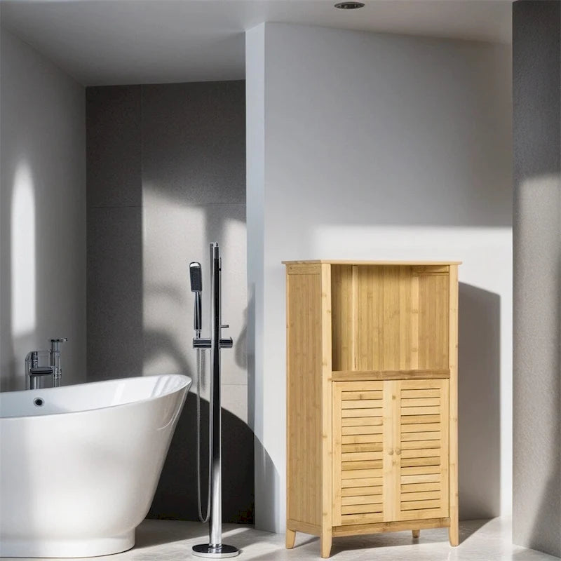 Bamboo Bathroom Floor Cabinet Natural Open Shelf Louvered Door Storage