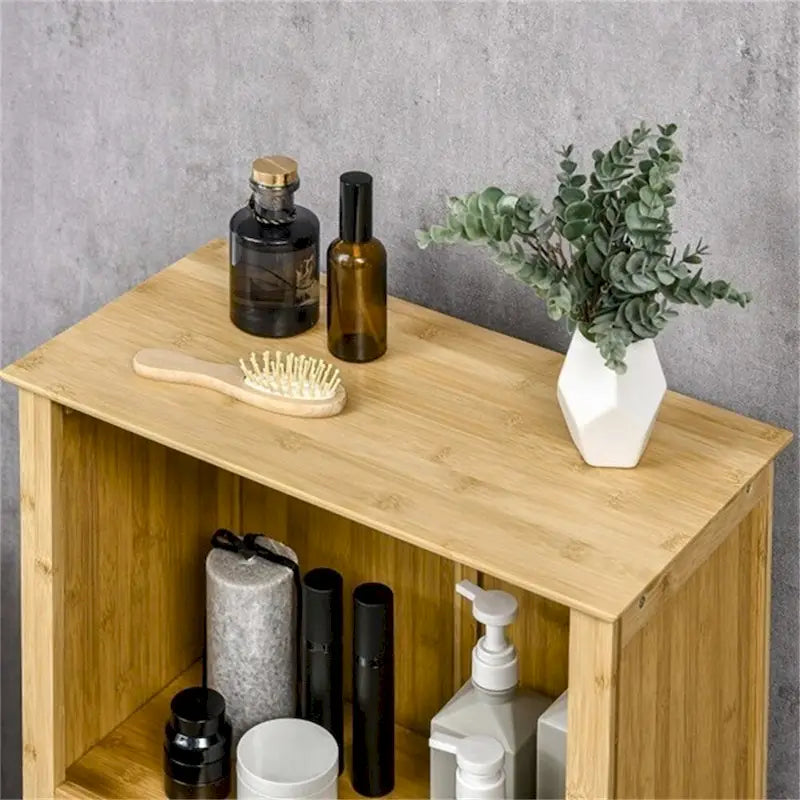 Bamboo Bathroom Floor Cabinet Natural Open Shelf Louvered Door Storage