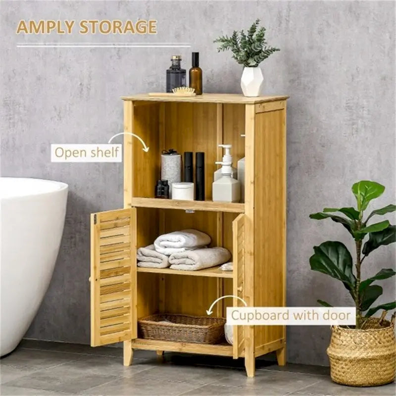 Bamboo Bathroom Floor Cabinet Natural Open Shelf Louvered Door Storage