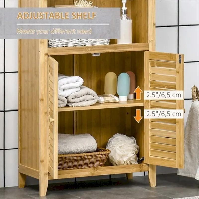 Bamboo Bathroom Floor Cabinet Natural Open Shelf Louvered Door Storage