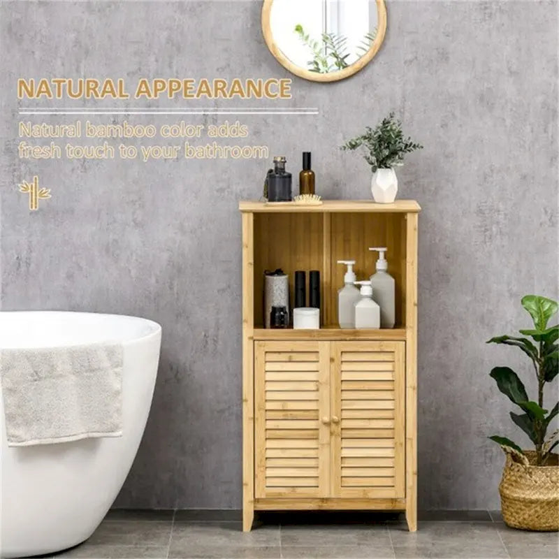 Bamboo Bathroom Floor Cabinet Natural Open Shelf Louvered Door Storage