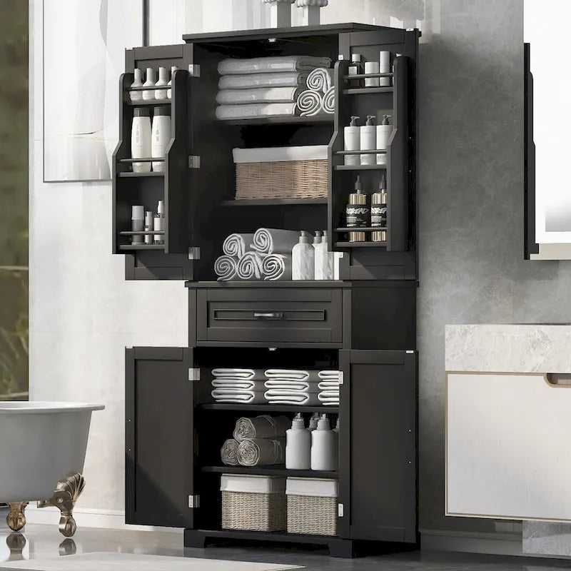 Tall Black Bathroom Storage Cabinet with Doors, Drawer and Adjustable Shelf