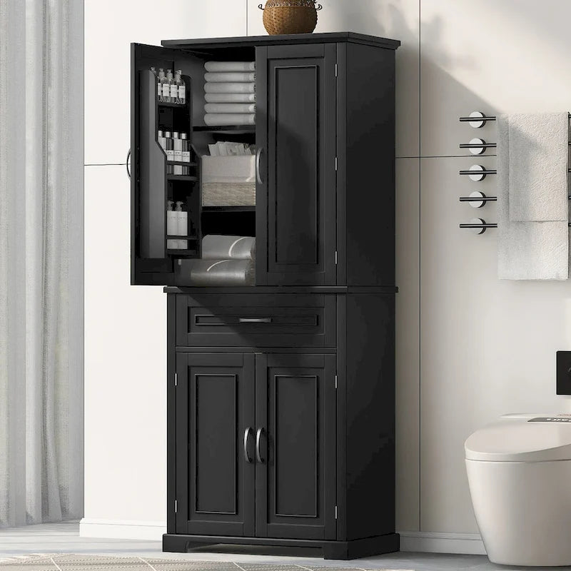 Tall Black Bathroom Storage Cabinet with Doors, Drawer and Adjustable Shelf
