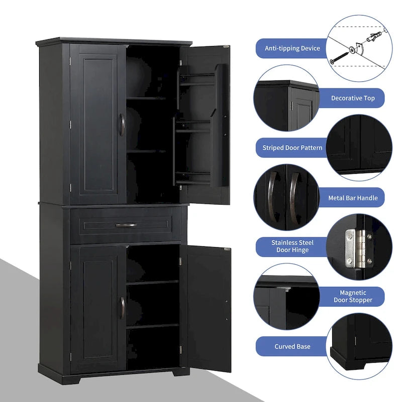 Tall Black Bathroom Storage Cabinet with Doors, Drawer and Adjustable Shelf