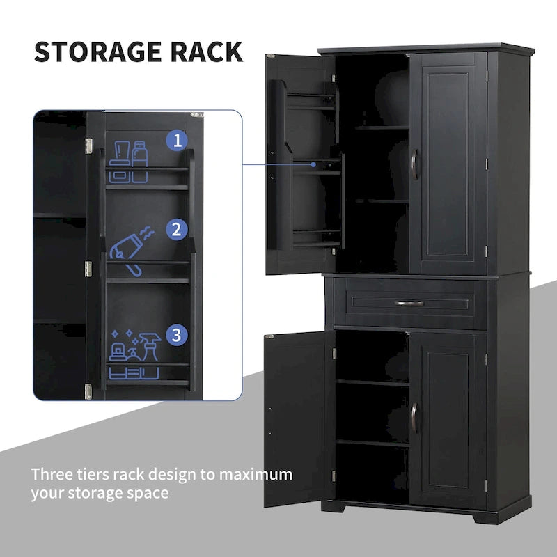 Tall Black Bathroom Storage Cabinet with Doors, Drawer and Adjustable Shelf