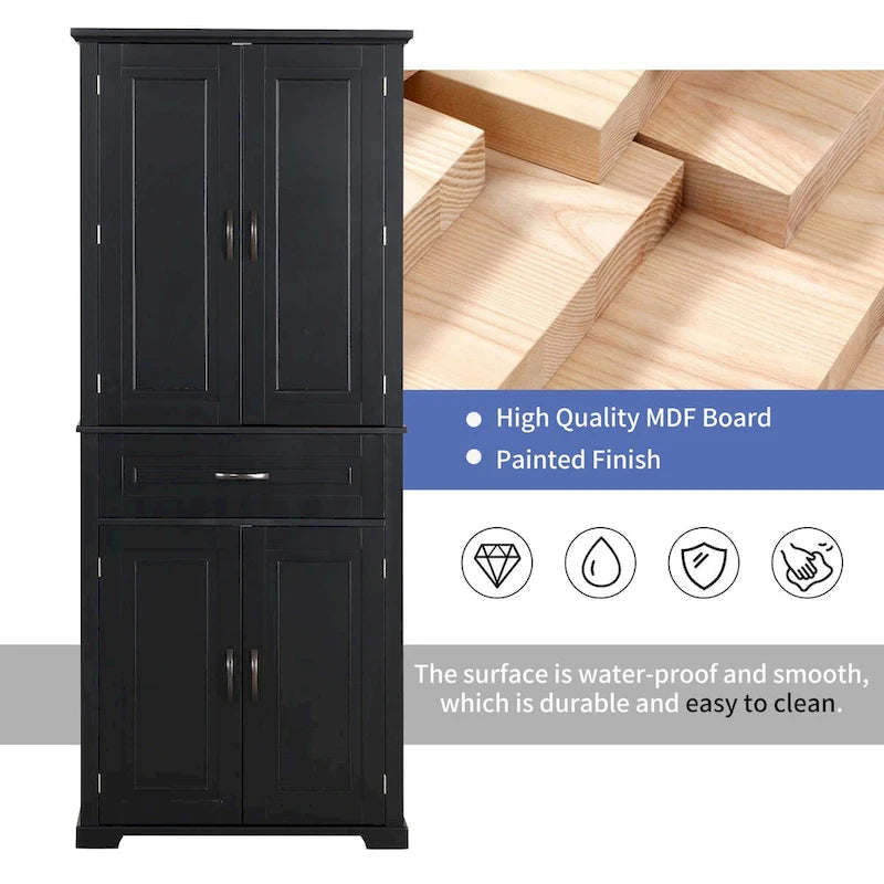 Tall Black Bathroom Storage Cabinet with Doors, Drawer and Adjustable Shelf