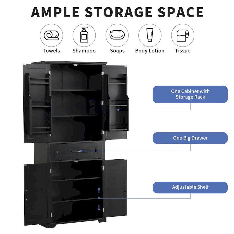 Tall Black Bathroom Storage Cabinet with Doors, Drawer and Adjustable Shelf