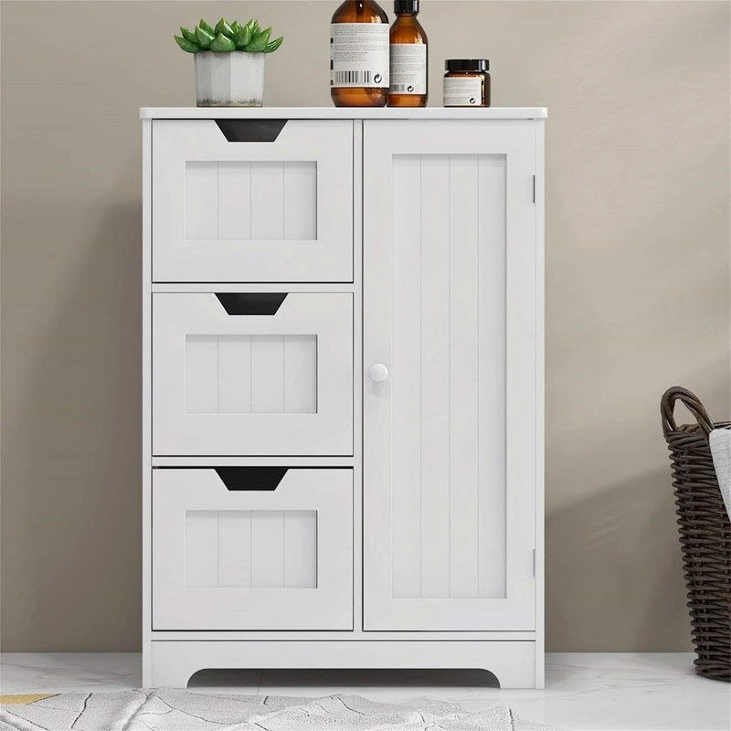 White Wood Finish Bathroom Floor Cabinet with 3 Drawers and Door