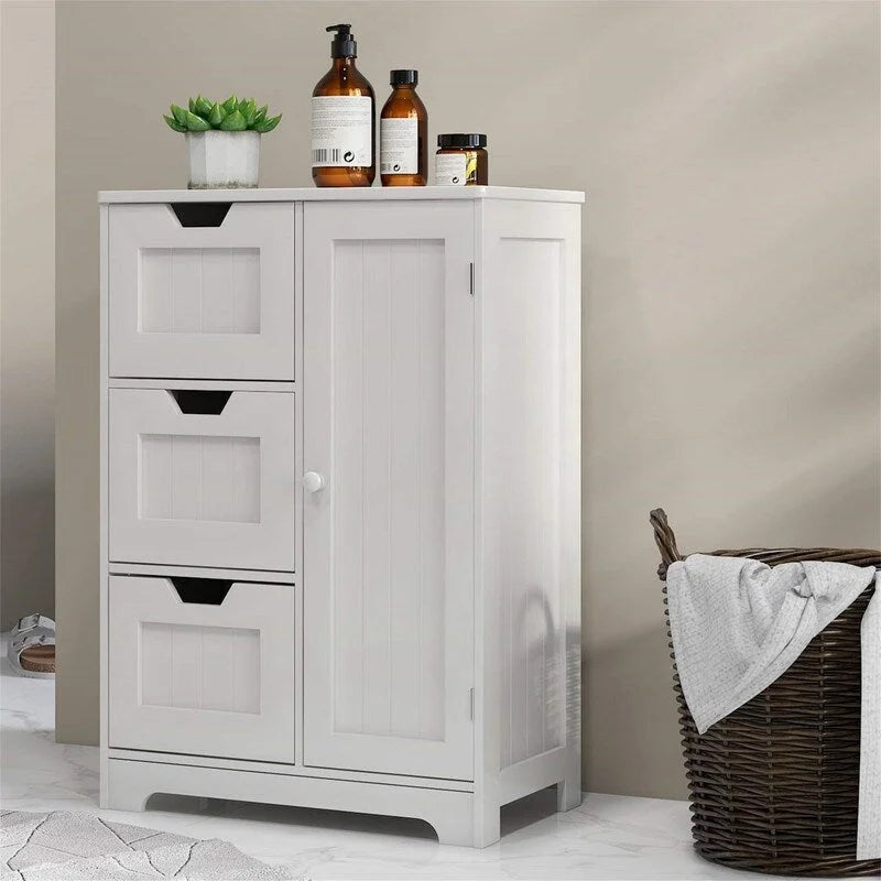 White Wood Finish Bathroom Floor Cabinet with 3 Drawers and Door