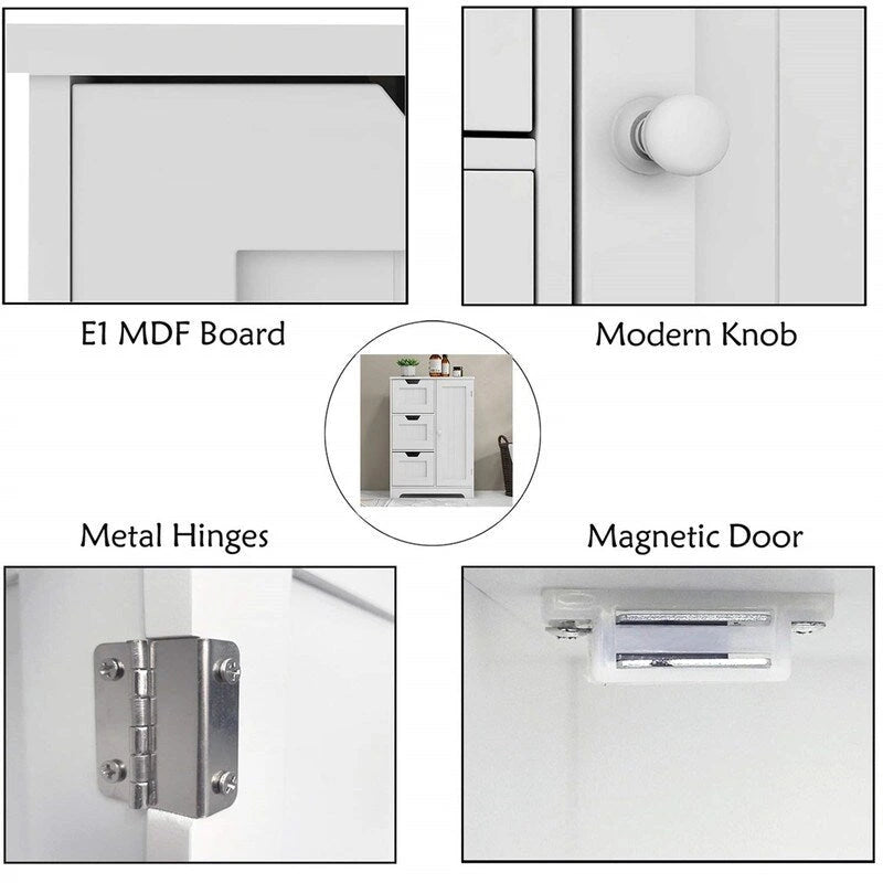 White Wood Finish Bathroom Floor Cabinet with 3 Drawers and Door