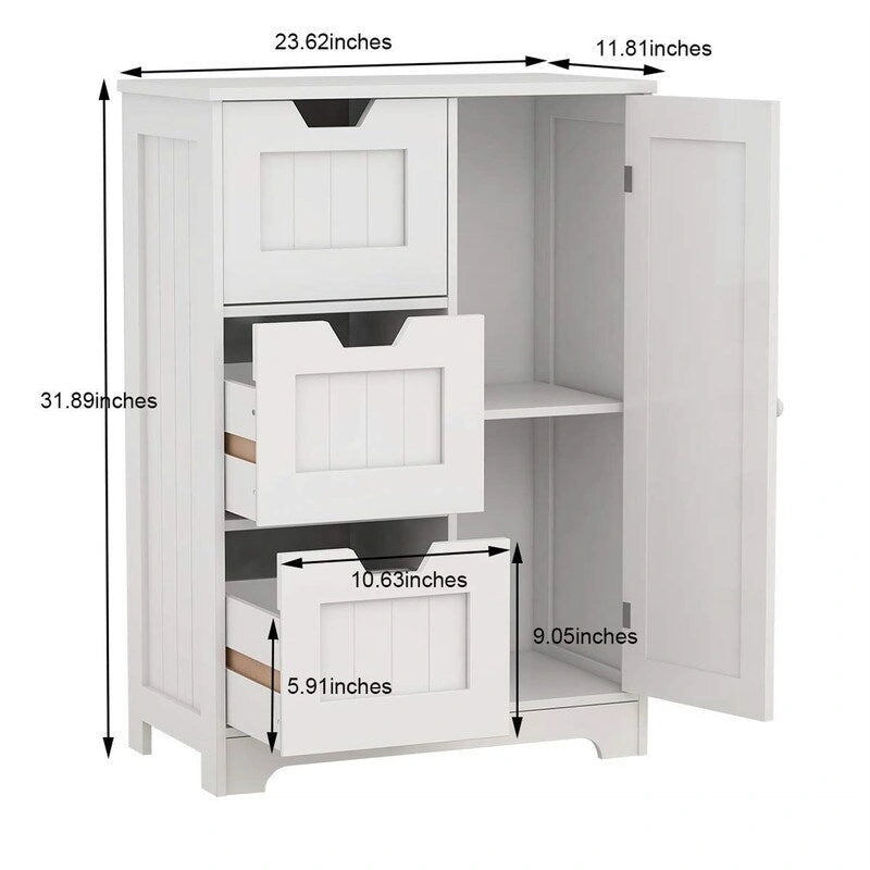 White Wood Finish Bathroom Floor Cabinet with 3 Drawers and Door