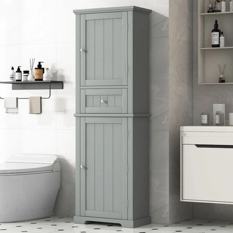 Freestanding Tall Bathroom Storage Cabinet with Drawer Adjustable Shelf Grey Painted Finish