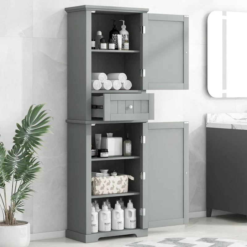Freestanding Tall Bathroom Storage Cabinet with Drawer Adjustable Shelf Grey Painted Finish