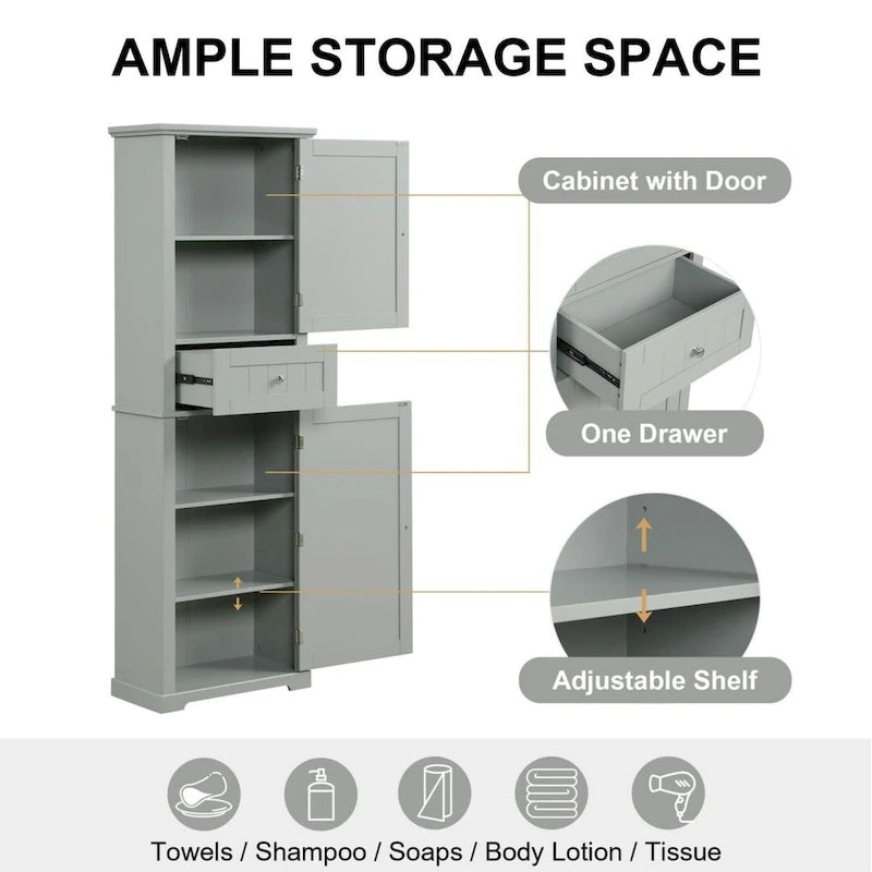 Freestanding Tall Bathroom Storage Cabinet with Drawer Adjustable Shelf Grey Painted Finish