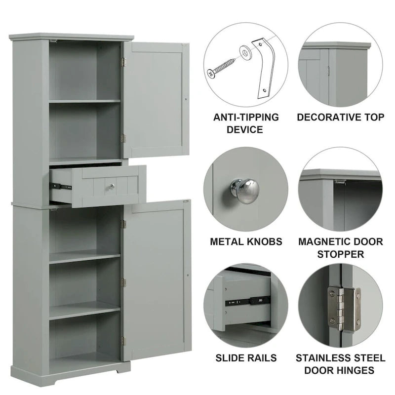Freestanding Tall Bathroom Storage Cabinet with Drawer Adjustable Shelf Grey Painted Finish