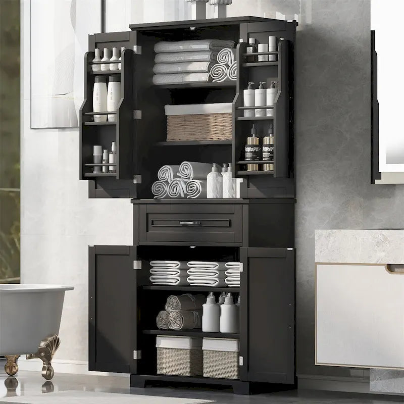 Tall Black Bathroom Storage Cabinet 4 Doors Drawer MDF Freestanding