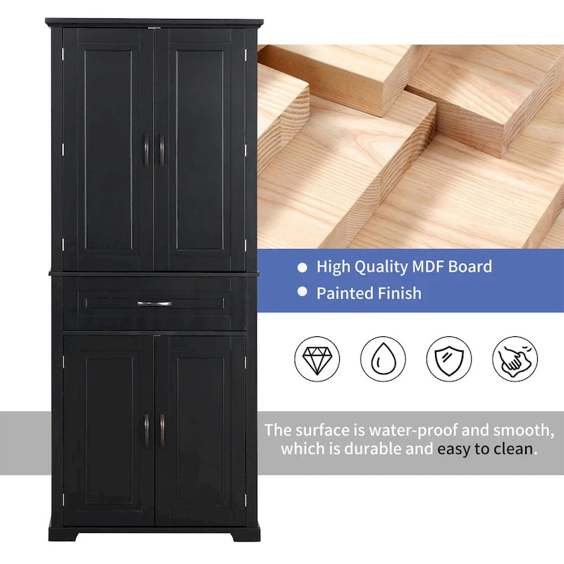 Tall Black Bathroom Storage Cabinet 4 Doors Drawer MDF Freestanding
