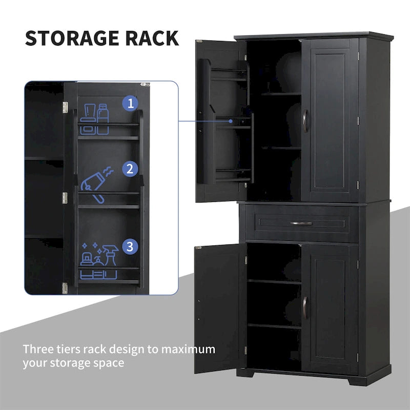 Tall Black Bathroom Storage Cabinet 4 Doors Drawer MDF Freestanding