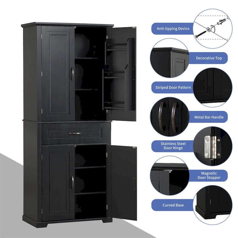 Tall Black Bathroom Storage Cabinet 4 Doors Drawer MDF Freestanding