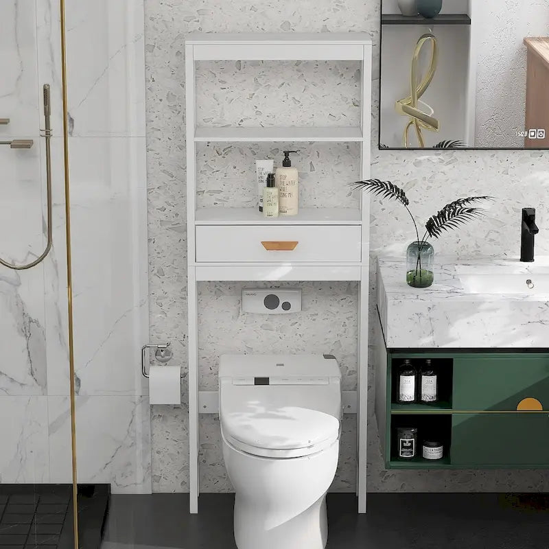 White Over-Toilet Storage Cabinet with Drawer and Open Shelves Space Saver