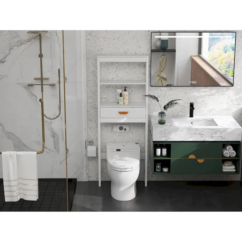 White Over-Toilet Storage Cabinet with Drawer and Open Shelves Space Saver