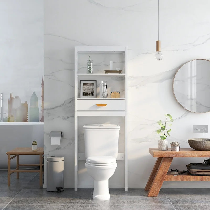 White Over-Toilet Storage Cabinet with Drawer and Open Shelves Space Saver