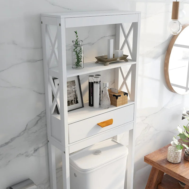 White Over-Toilet Storage Cabinet with Drawer and Open Shelves Space Saver