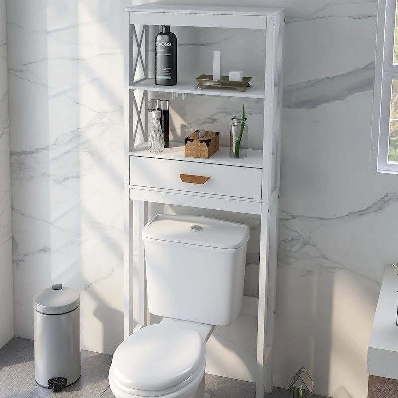 White Over-Toilet Storage Cabinet with Drawer and Open Shelves Space Saver