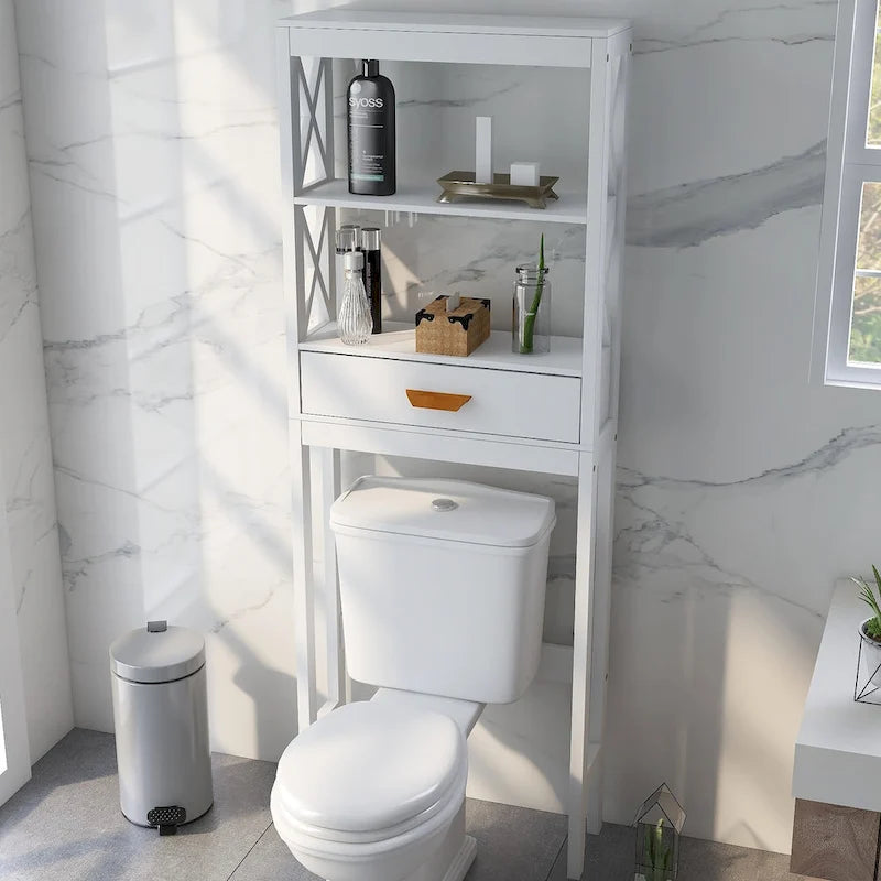 White Over-Toilet Storage Cabinet with Drawer and Open Shelves Space Saver