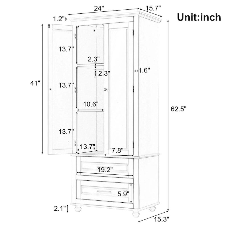 Grey Wood Finish Tall Storage Cabinet Double Door Two Drawers