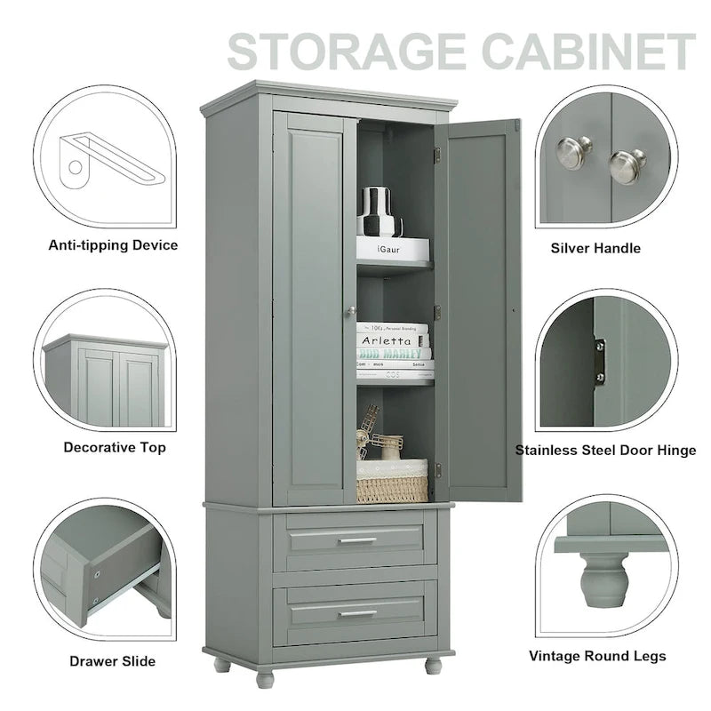 Grey Wood Finish Tall Storage Cabinet Double Door Two Drawers