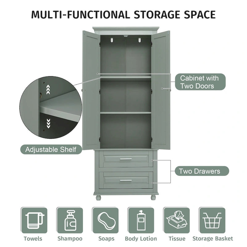 Grey Wood Finish Tall Storage Cabinet Double Door Two Drawers