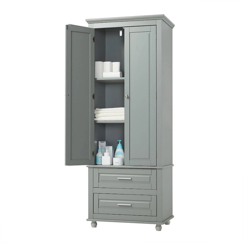 Grey Wood Finish Tall Storage Cabinet Double Door Two Drawers