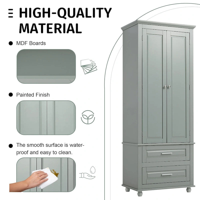 Grey Wood Finish Tall Storage Cabinet Double Door Two Drawers