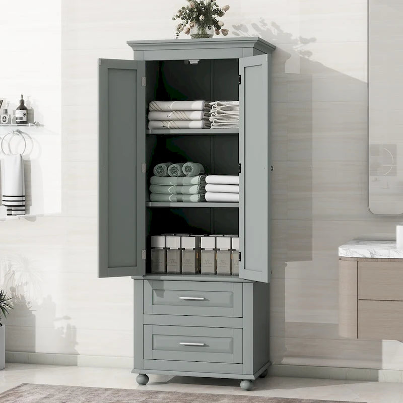 Grey Wood Finish Tall Storage Cabinet Double Door Two Drawers