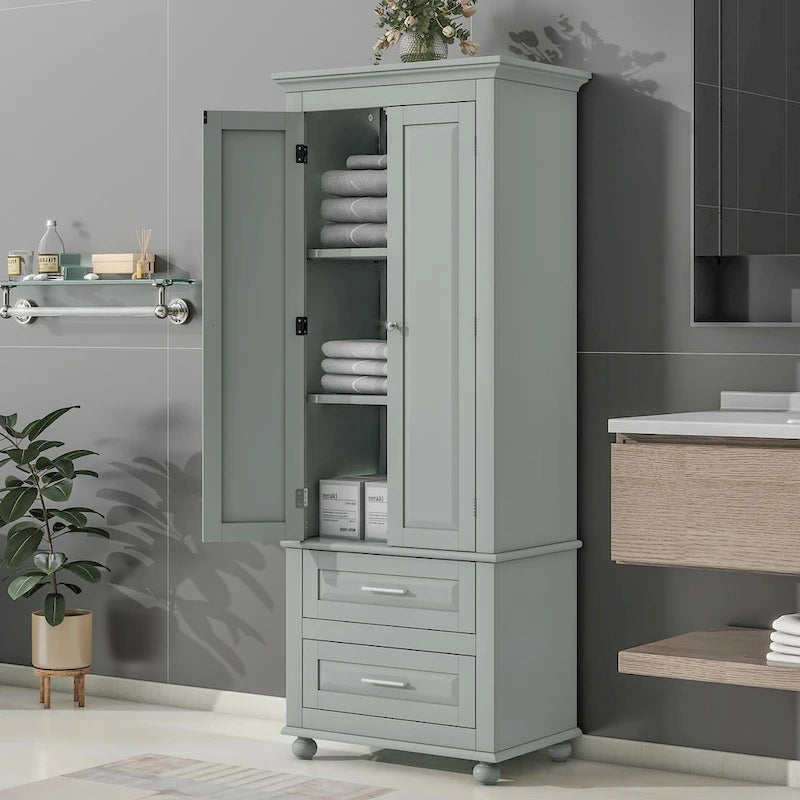 Grey Wood Finish Tall Storage Cabinet Double Door Two Drawers