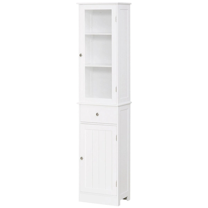 Tall White Bathroom Storage Cabinet with Glass Door, Drawer and Double Doors