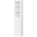 Tall White Bathroom Storage Cabinet with Glass Door, Drawer and Double Doors