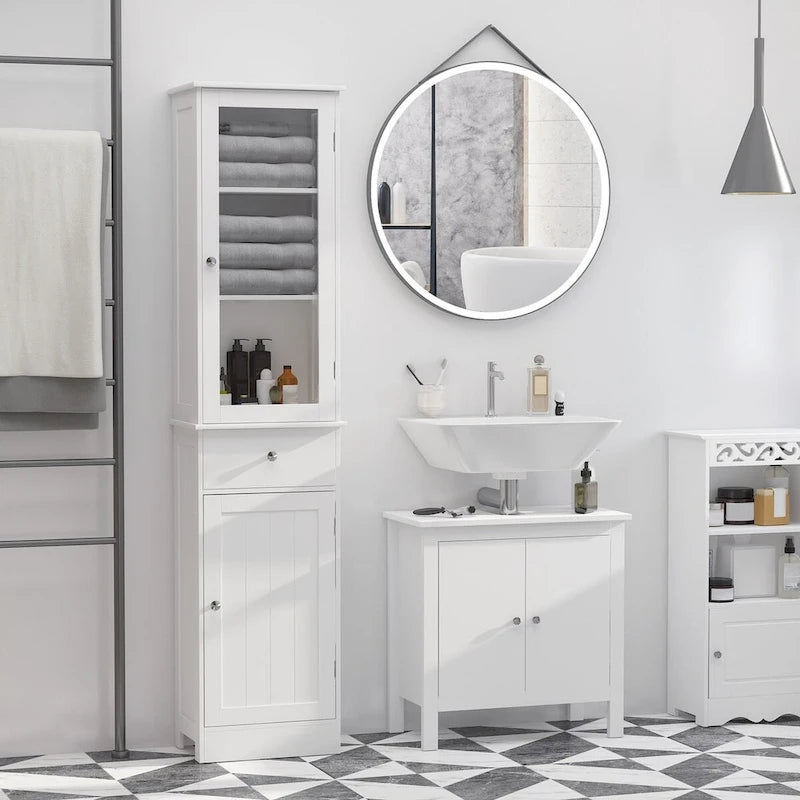 Tall White Bathroom Storage Cabinet with Glass Door, Drawer and Double Doors