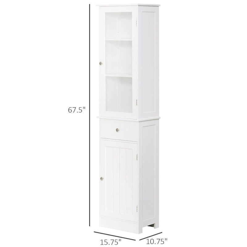 Tall White Bathroom Storage Cabinet with Glass Door, Drawer and Double Doors