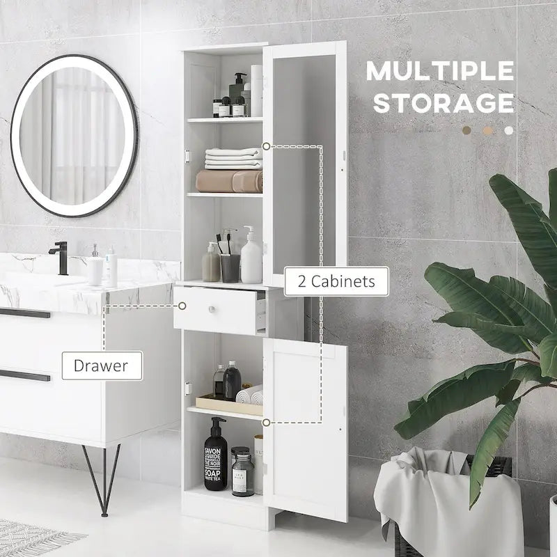 Tall White Bathroom Storage Cabinet with Glass Door, Drawer and Double Doors