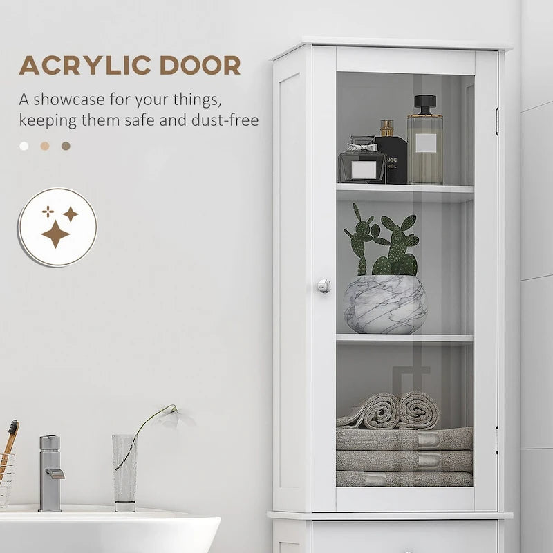 Tall White Bathroom Storage Cabinet with Glass Door, Drawer and Double Doors