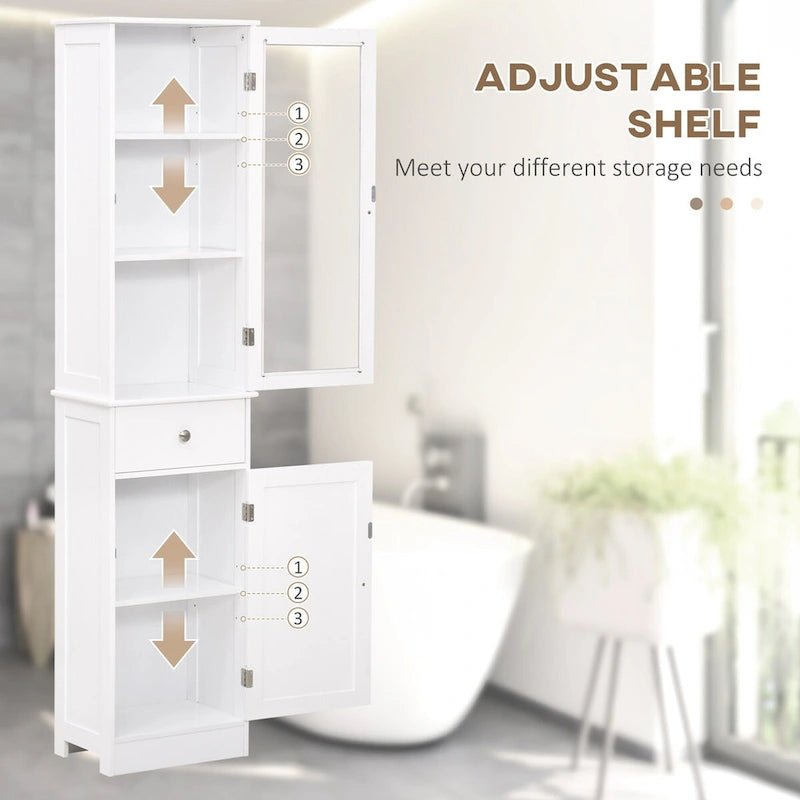 Tall White Bathroom Storage Cabinet with Glass Door, Drawer and Double Doors