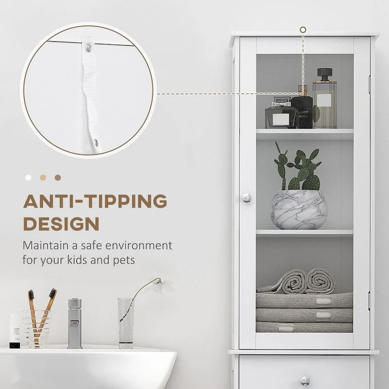 Tall White Bathroom Storage Cabinet with Glass Door, Drawer and Double Doors