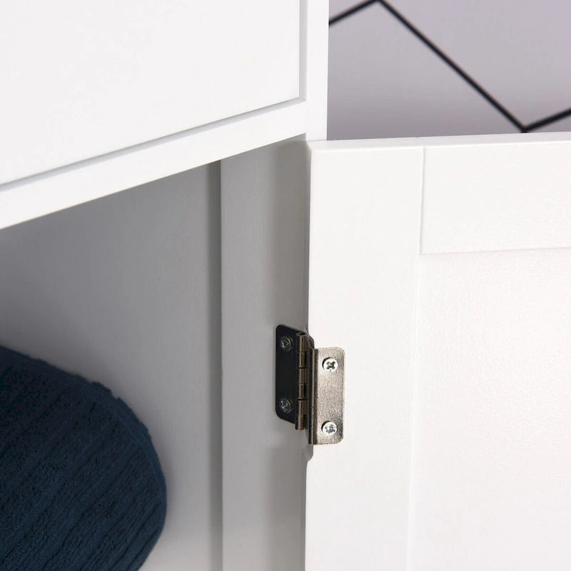 Tall White Bathroom Storage Cabinet with Glass Door, Drawer and Double Doors