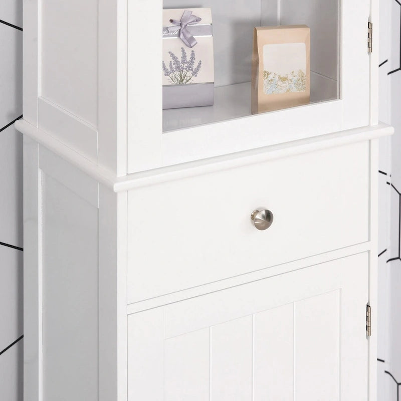 Tall White Bathroom Storage Cabinet with Glass Door, Drawer and Double Doors