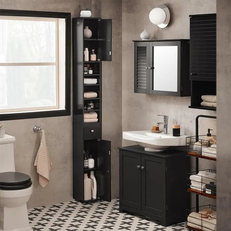 Tall Bathroom Storage Cabinet with Drawer and Adjustable Shelves, Black